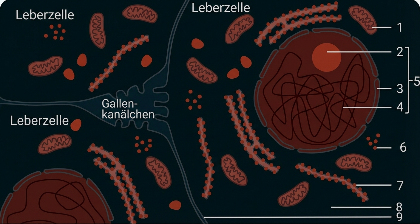 Grafik: Leberzellen mit Organellen und Gallenkanälchen